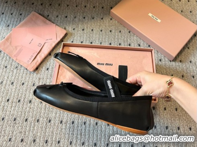 Good Quality Miu Miu Leather Ballerinas Flat with Bow and Elastic Band Black 5F794D 1025038 2025