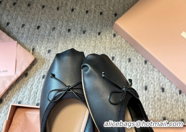 Good Quality Miu Miu Leather Ballerinas Flat with Bow and Elastic Band Black 5F794D 1025038 2025