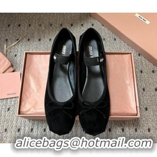 Grade Quality Miu Miu Suede Ballerinas Flat with Bow and Elastic Band Black 5F794D 1025040 2025