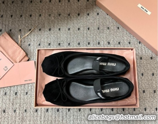 Grade Quality Miu Miu Suede Ballerinas Flat with Bow and Elastic Band Black 5F794D 1025040 2025