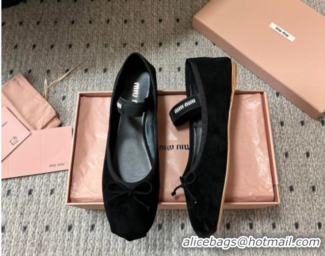 Grade Quality Miu Miu Suede Ballerinas Flat with Bow and Elastic Band Black 5F794D 1025040 2025