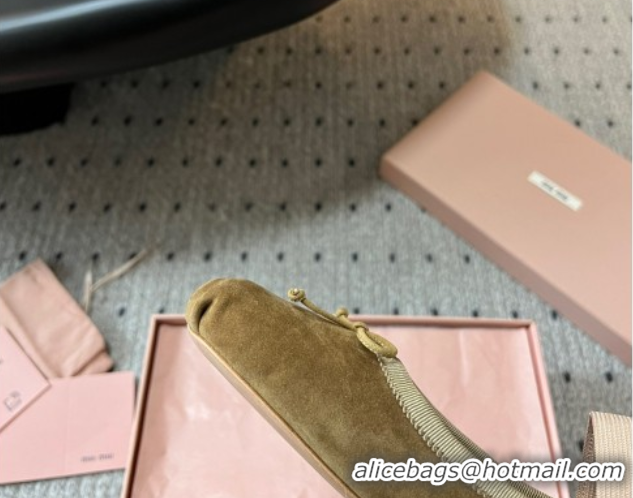 Best Grade Miu Miu Suede Ballerinas Flat with Bow and Elastic Band Olive 5F794D Green 1025041 2025