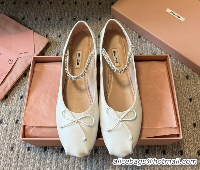 Good Looking Miu Miu Leather Ballerinas Flat with Bow and Strass Band White 5F794D 1025043 2025