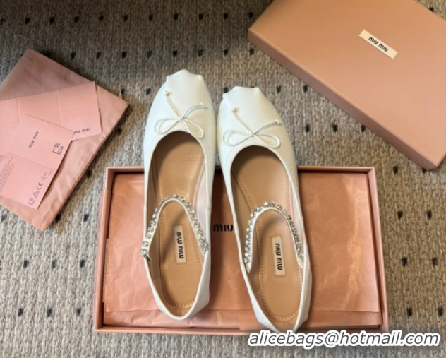 Good Looking Miu Miu Leather Ballerinas Flat with Bow and Strass Band White 5F794D 1025043 2025