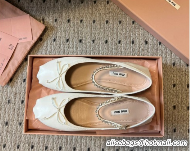 Good Looking Miu Miu Leather Ballerinas Flat with Bow and Strass Band White 5F794D 1025043 2025