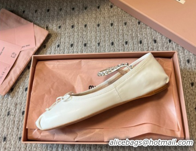 Good Looking Miu Miu Leather Ballerinas Flat with Bow and Strass Band White 5F794D 1025043 2025