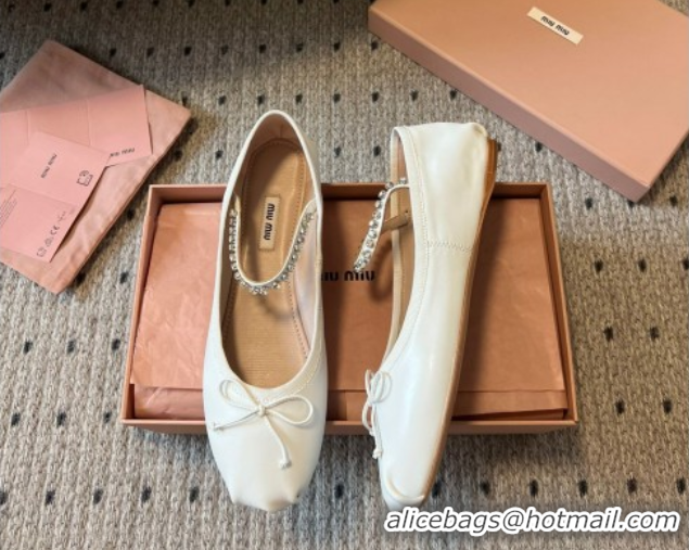 Good Looking Miu Miu Leather Ballerinas Flat with Bow and Strass Band White 5F794D 1025043 2025