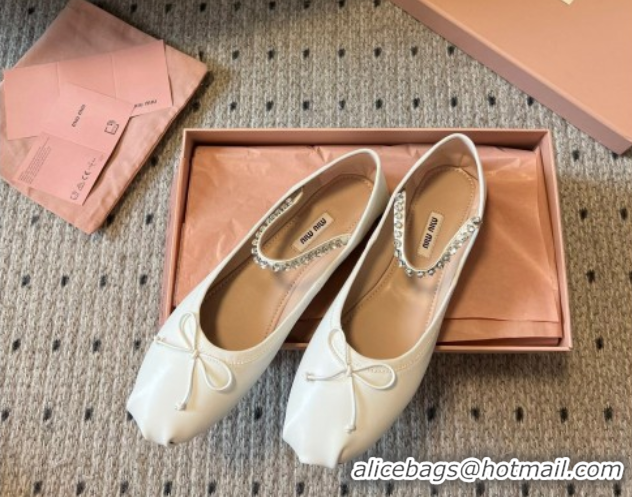 Good Looking Miu Miu Leather Ballerinas Flat with Bow and Strass Band White 5F794D 1025043 2025