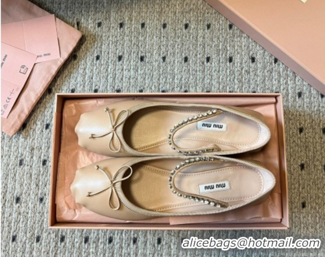 Good Quality Miu Miu Leather Ballerinas Flat with Bow and Strass Band Beige 5F794D 1025044 2025