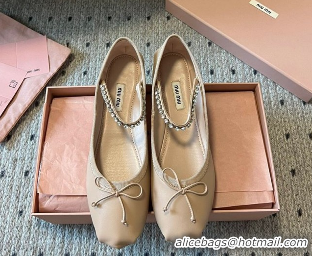 Good Quality Miu Miu Leather Ballerinas Flat with Bow and Strass Band Beige 5F794D 1025044 2025