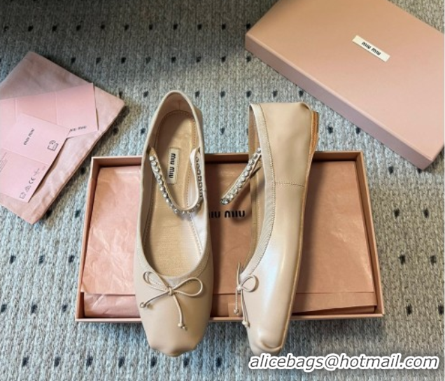 Good Quality Miu Miu Leather Ballerinas Flat with Bow and Strass Band Beige 5F794D 1025044 2025