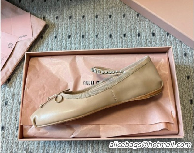Good Quality Miu Miu Leather Ballerinas Flat with Bow and Strass Band Beige 5F794D 1025044 2025