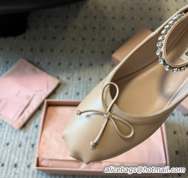 Good Quality Miu Miu Leather Ballerinas Flat with Bow and Strass Band Beige 5F794D 1025044 2025
