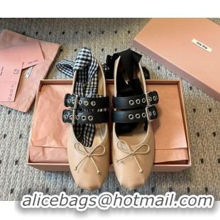 Top Grade Miu Miu Nappa and Calf Leather Ballerinas Flat with Double Buckle and Laces Beige 5F466A 102504 2025