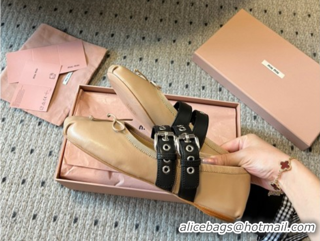 Top Grade Miu Miu Nappa and Calf Leather Ballerinas Flat with Double Buckle and Laces Beige 5F466A 102504 2025