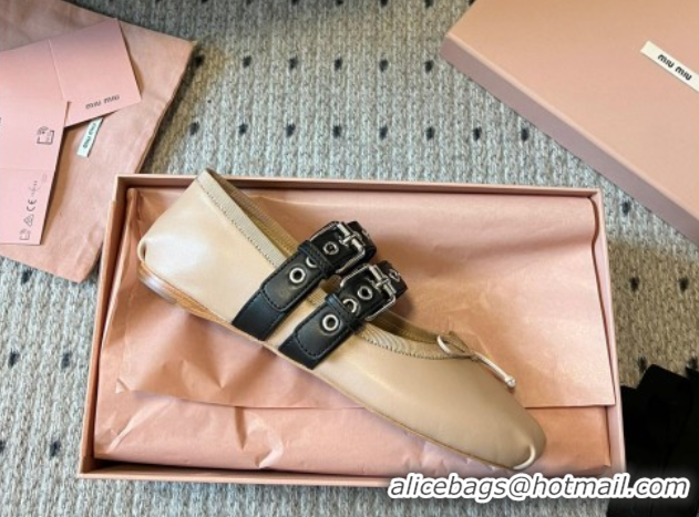 Top Grade Miu Miu Nappa and Calf Leather Ballerinas Flat with Double Buckle and Laces Beige 5F466A 102504 2025