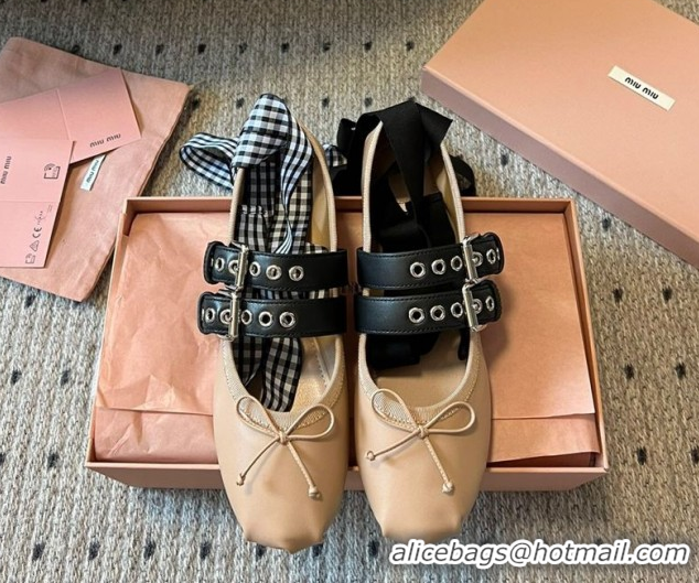 Top Grade Miu Miu Nappa and Calf Leather Ballerinas Flat with Double Buckle and Laces Beige 5F466A 102504 2025