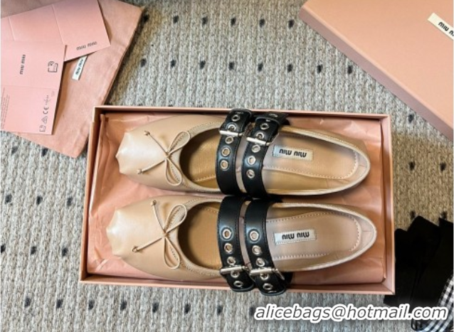Top Grade Miu Miu Nappa and Calf Leather Ballerinas Flat with Double Buckle and Laces Beige 5F466A 102504 2025