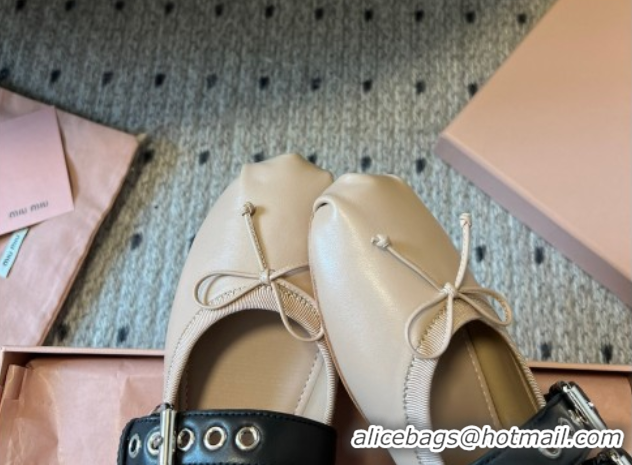 Top Grade Miu Miu Nappa and Calf Leather Ballerinas Flat with Double Buckle and Laces Beige 5F466A 102504 2025