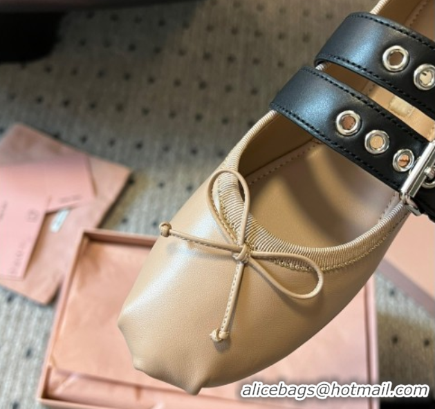 Top Grade Miu Miu Nappa and Calf Leather Ballerinas Flat with Double Buckle and Laces Beige 5F466A 102504 2025