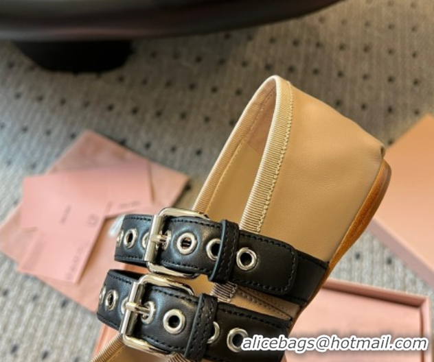 Top Grade Miu Miu Nappa and Calf Leather Ballerinas Flat with Double Buckle and Laces Beige 5F466A 102504 2025