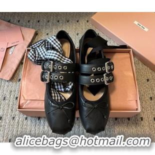 Luxury Cheap Miu Miu Nappa and Calf Leather Ballerinas Flat with Double Buckle and Laces Black 5F466A 1025047 2025