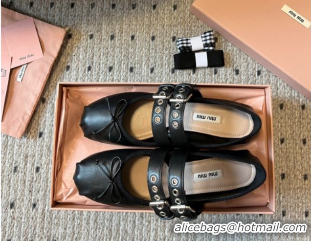 Luxury Cheap Miu Miu Nappa and Calf Leather Ballerinas Flat with Double Buckle and Laces Black 5F466A 1025047 2025