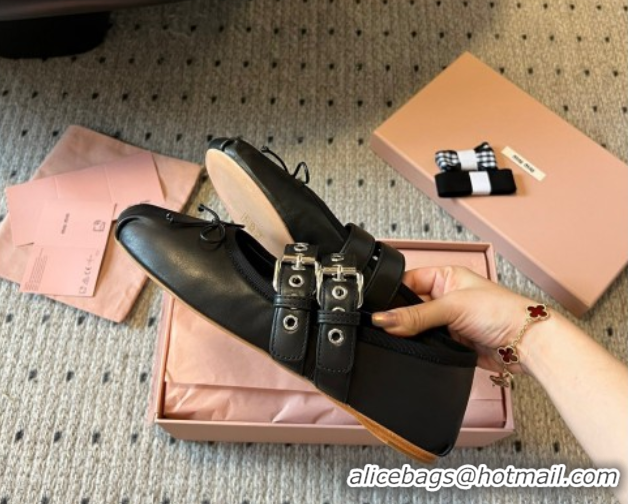 Luxury Cheap Miu Miu Nappa and Calf Leather Ballerinas Flat with Double Buckle and Laces Black 5F466A 1025047 2025