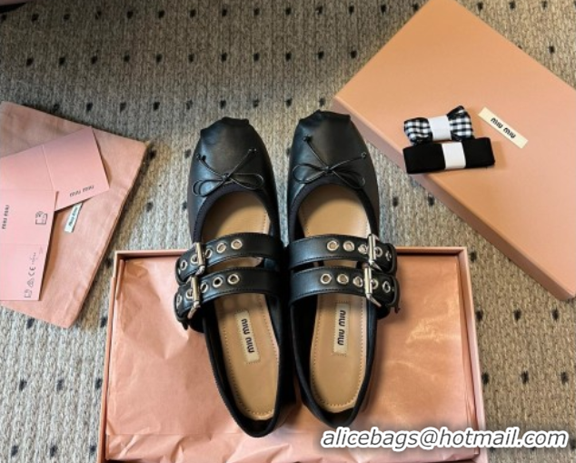 Luxury Cheap Miu Miu Nappa and Calf Leather Ballerinas Flat with Double Buckle and Laces Black 5F466A 1025047 2025