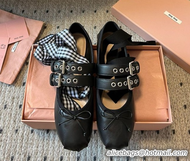 Luxury Cheap Miu Miu Nappa and Calf Leather Ballerinas Flat with Double Buckle and Laces Black 5F466A 1025047 2025