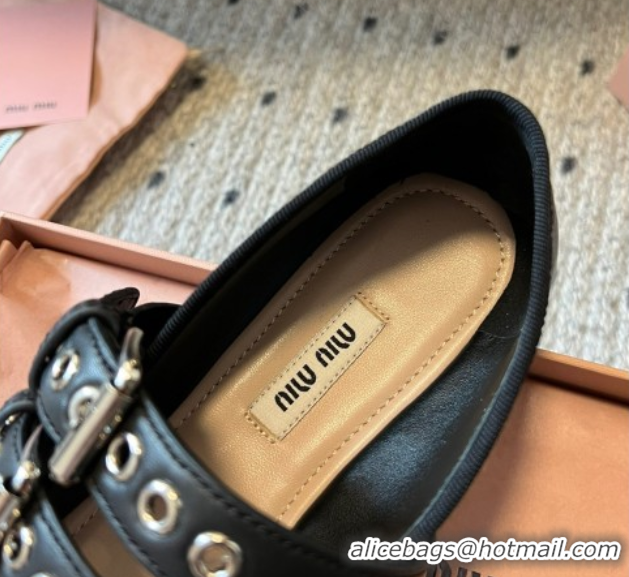 Luxury Cheap Miu Miu Nappa and Calf Leather Ballerinas Flat with Double Buckle and Laces Black 5F466A 1025047 2025