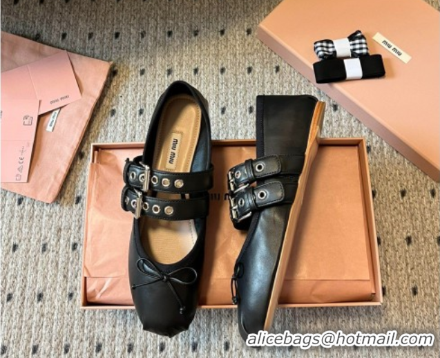 Luxury Cheap Miu Miu Nappa and Calf Leather Ballerinas Flat with Double Buckle and Laces Black 5F466A 1025047 2025