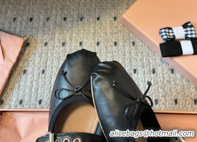Luxury Cheap Miu Miu Nappa and Calf Leather Ballerinas Flat with Double Buckle and Laces Black 5F466A 1025047 2025