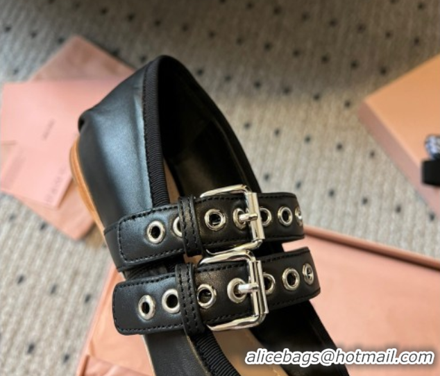 Luxury Cheap Miu Miu Nappa and Calf Leather Ballerinas Flat with Double Buckle and Laces Black 5F466A 1025047 2025