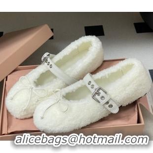 Shop Duplicate Miu Miu Shearling Ballerinas Flat with Buckle Strap White 5F272E 1025049 2025
