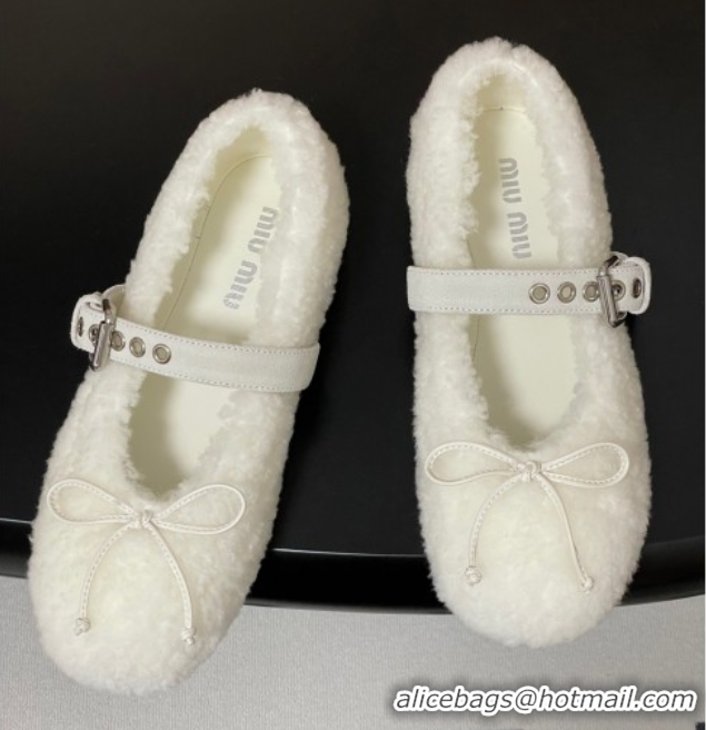 Shop Duplicate Miu Miu Shearling Ballerinas Flat with Buckle Strap White 5F272E 1025049 2025