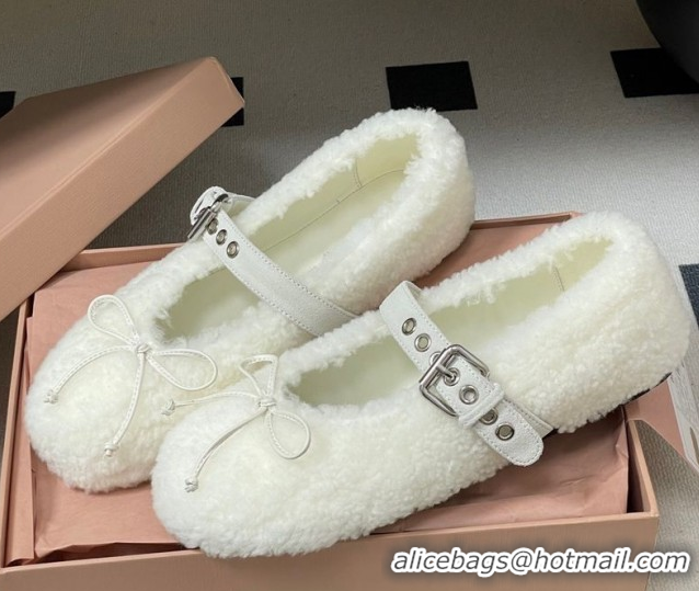 Shop Duplicate Miu Miu Shearling Ballerinas Flat with Buckle Strap White 5F272E 1025049 2025