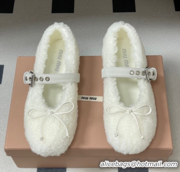 Shop Duplicate Miu Miu Shearling Ballerinas Flat with Buckle Strap White 5F272E 1025049 2025