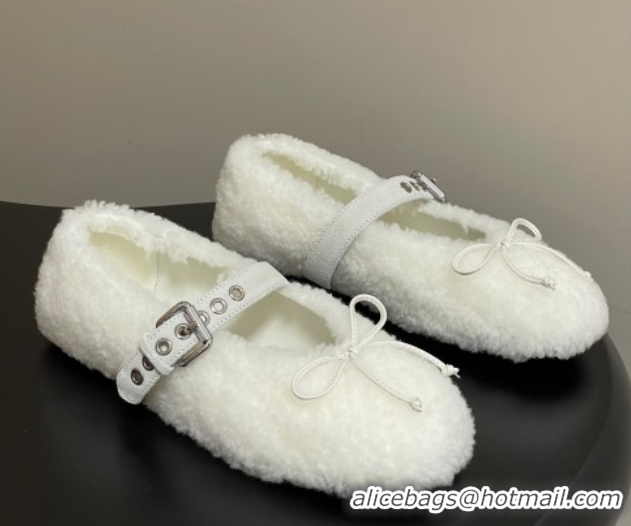 Shop Duplicate Miu Miu Shearling Ballerinas Flat with Buckle Strap White 5F272E 1025049 2025