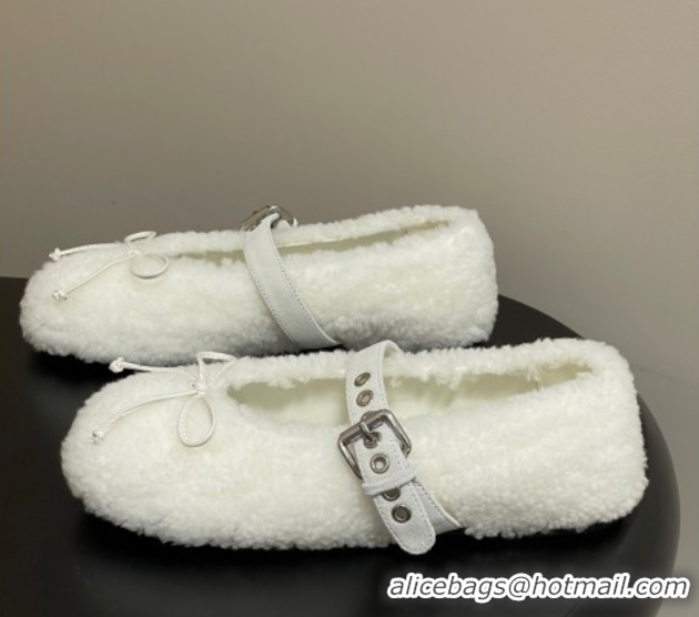 Shop Duplicate Miu Miu Shearling Ballerinas Flat with Buckle Strap White 5F272E 1025049 2025
