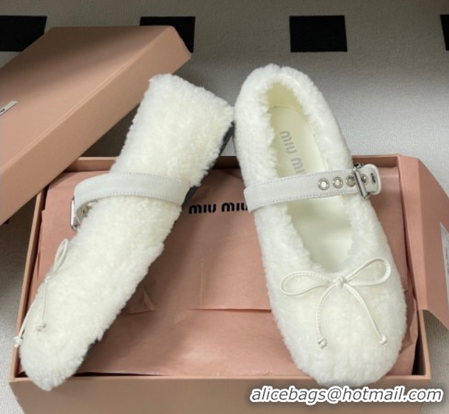 Shop Duplicate Miu Miu Shearling Ballerinas Flat with Buckle Strap White 5F272E 1025049 2025