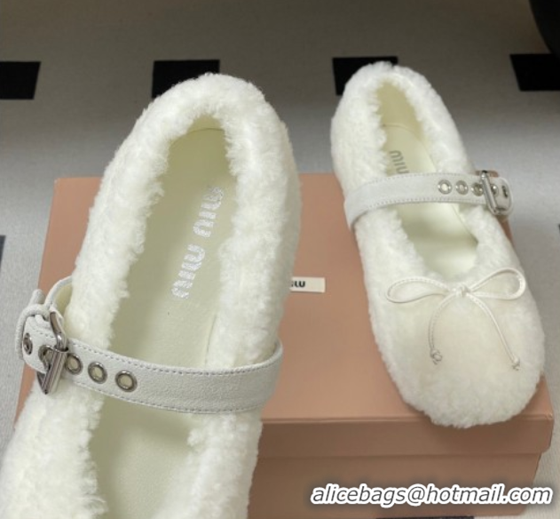 Shop Duplicate Miu Miu Shearling Ballerinas Flat with Buckle Strap White 5F272E 1025049 2025