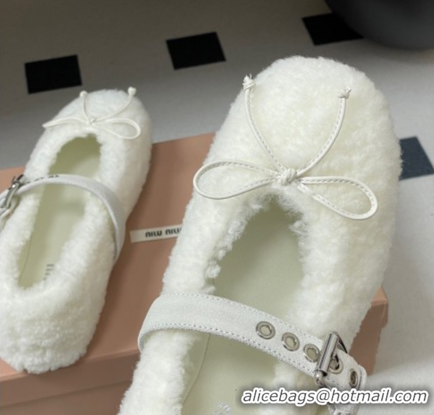 Shop Duplicate Miu Miu Shearling Ballerinas Flat with Buckle Strap White 5F272E 1025049 2025