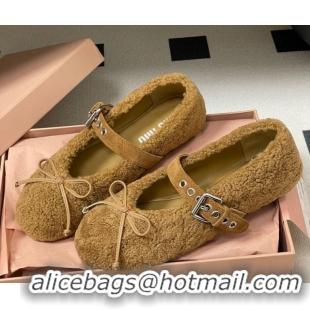 Top Design Miu Miu Shearling Ballerinas Flat with Buckle Strap Brown 5F272E 1025050 2025