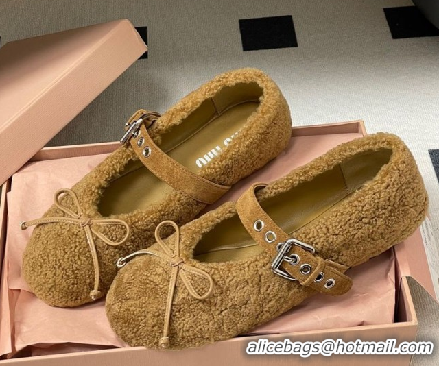 Top Design Miu Miu Shearling Ballerinas Flat with Buckle Strap Brown 5F272E 1025050 2025