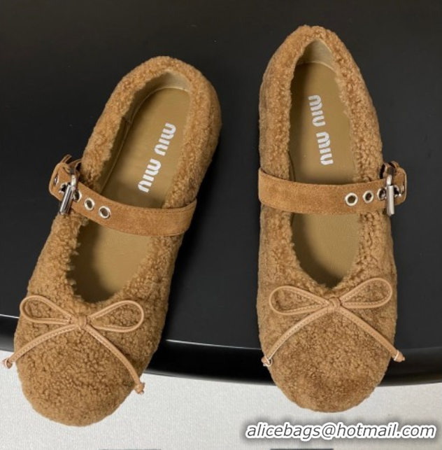 Top Design Miu Miu Shearling Ballerinas Flat with Buckle Strap Brown 5F272E 1025050 2025