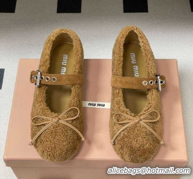 Top Design Miu Miu Shearling Ballerinas Flat with Buckle Strap Brown 5F272E 1025050 2025
