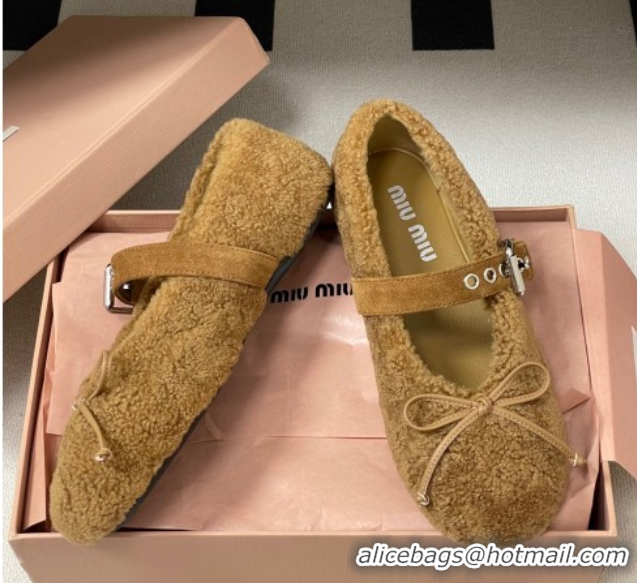 Top Design Miu Miu Shearling Ballerinas Flat with Buckle Strap Brown 5F272E 1025050 2025