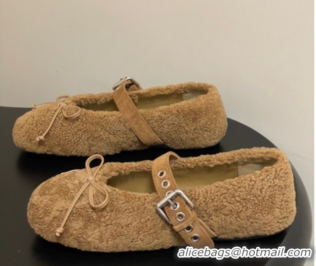 Top Design Miu Miu Shearling Ballerinas Flat with Buckle Strap Brown 5F272E 1025050 2025