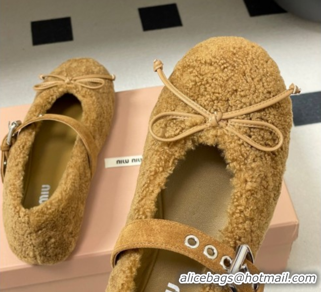 Top Design Miu Miu Shearling Ballerinas Flat with Buckle Strap Brown 5F272E 1025050 2025